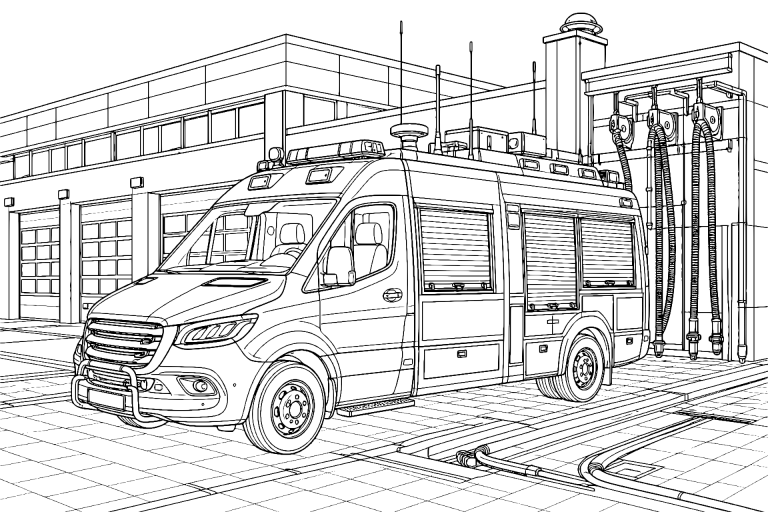 Einsatzleitwagen vor der Feuerwache - Ausmalbild