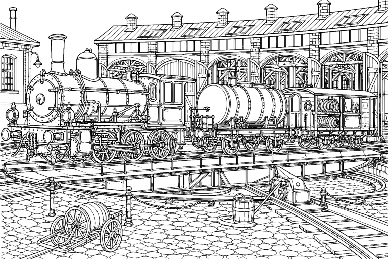 Feuerlöschzug im historischen Bahnbetriebswerk - Ausmalbild