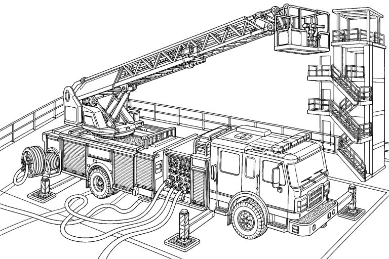 Feuerwehr-Löschfahrzeug auf der Drehleiterplattform - Ausmalbild