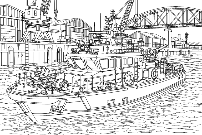 Feuerwehrboot am Industriehafen - Ausmalbild