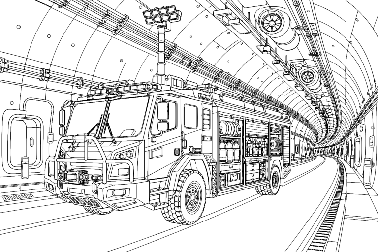 Feuerwehrfahrzeug im Tunnelrettungseinsatz - Ausmalbild