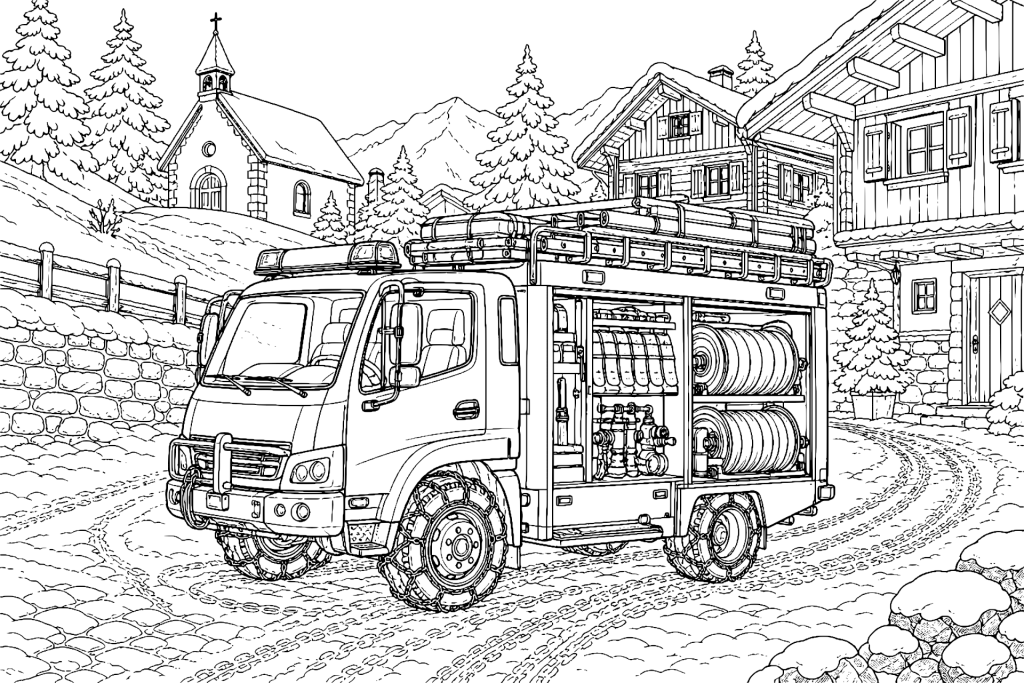 Feuerwehrfahrzeug im verschneiten Bergdorf - Ausmalbild