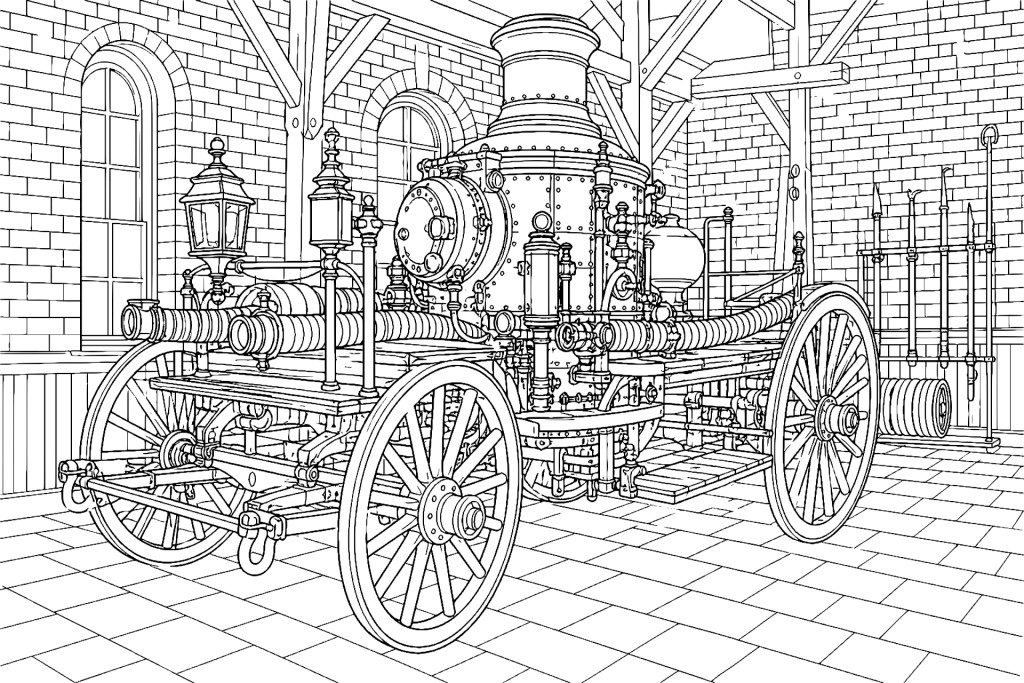 Historische Dampfspritze im Feuerwehrmuseum - Ausmalbild