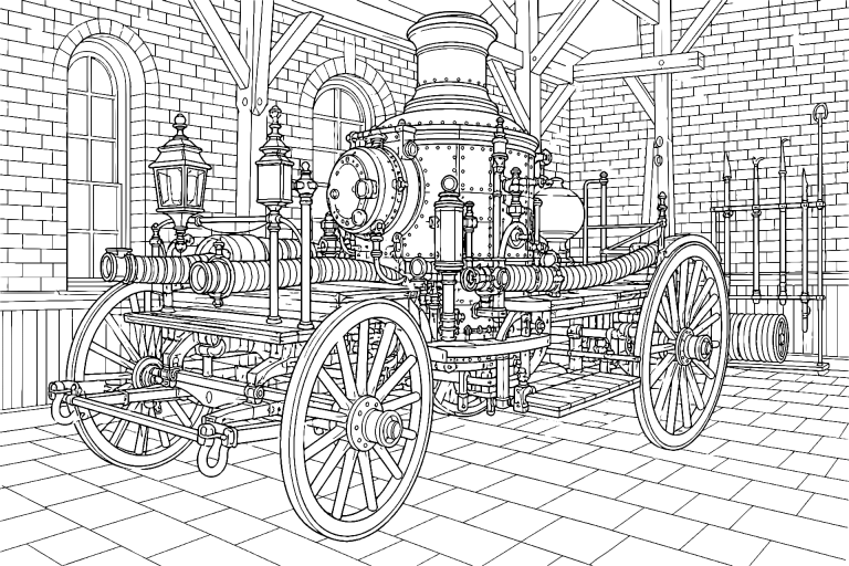 Historische Dampfspritze im Feuerwehrmuseum - Ausmalbild