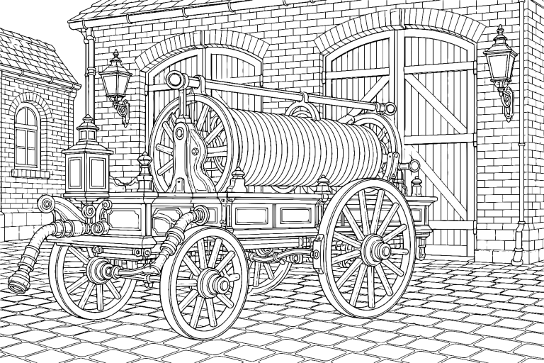 Schlauchwagen an der historischen Feuerwache - Ausmalbild