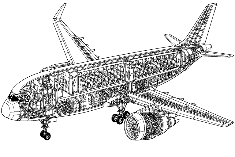 Düsenverkehrsflugzeug im Querschnitt - Ausmalbild