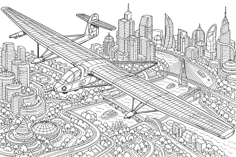 Futuristisches Solarflugzeug über der Stadt - Ausmalbild