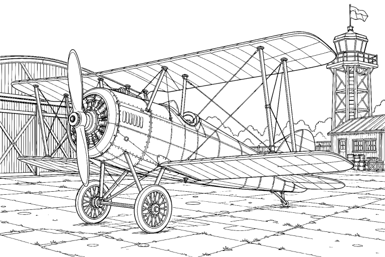 Historischer Doppeldecker über dem Flugfeld - Ausmalbild