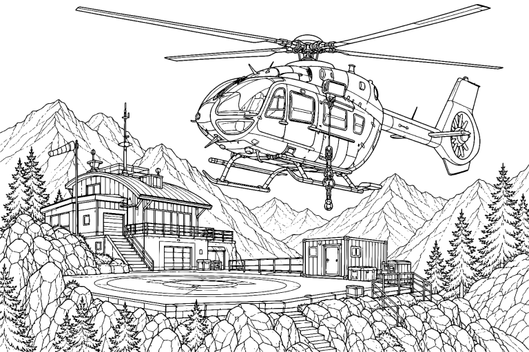 Hubschrauber über einer Bergrettungsstation - Ausmalbild