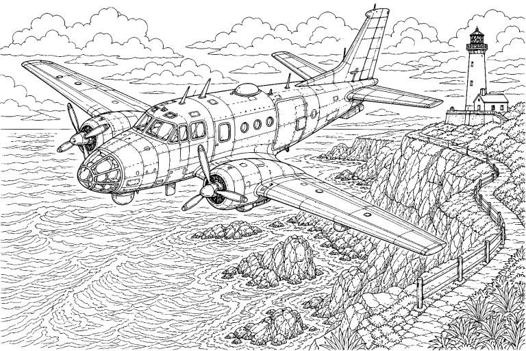 Küstenpatrouillenflugzeug über Leuchtturm - Ausmalbild