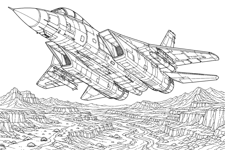 Militärjet über der Wüstenlandschaft - Ausmalbild