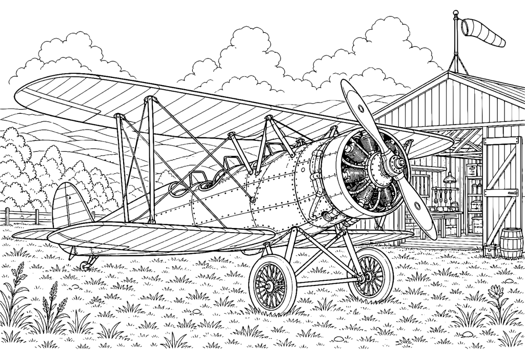 Oldtimer-Flugzeug auf einer Graspiste - Ausmalbild