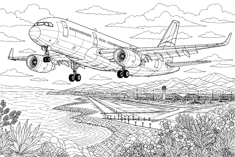 Passagierflugzeug im Landeanflug - Ausmalbild