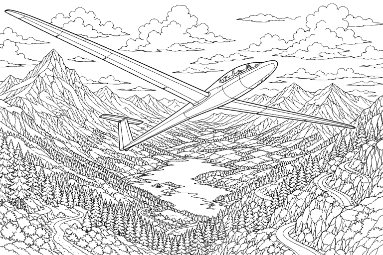 Segelflugzeug über alpinem Tal - Ausmalbild