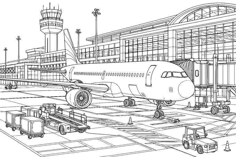 Verkehrsflugzeug am Terminal - Ausmalbild