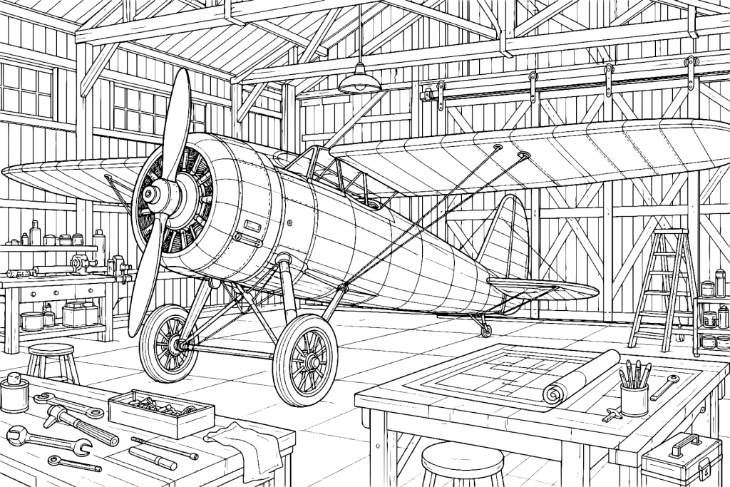 Vintage-Propellermaschine im Hangar - Ausmalbild