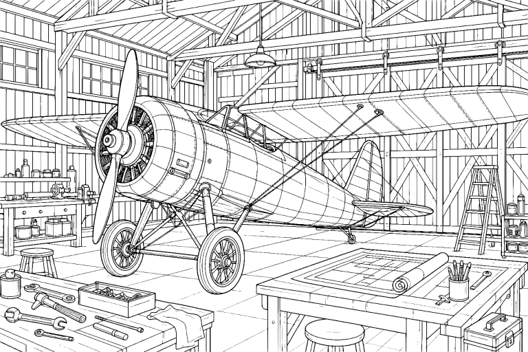 Vintage-Propellermaschine im Hangar - Ausmalbild