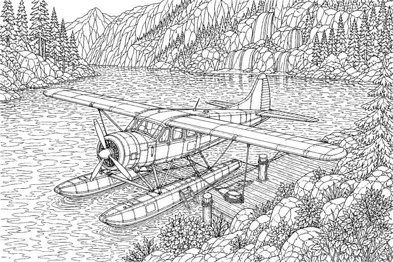 Wasserflugzeug in einer Fjordbucht - Ausmalbild