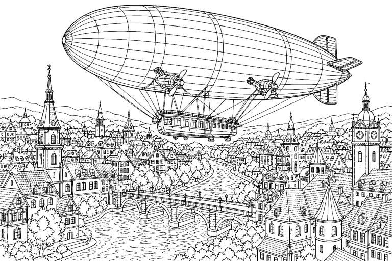 Zeppelin über der historischen Altstadt - Ausmalbild