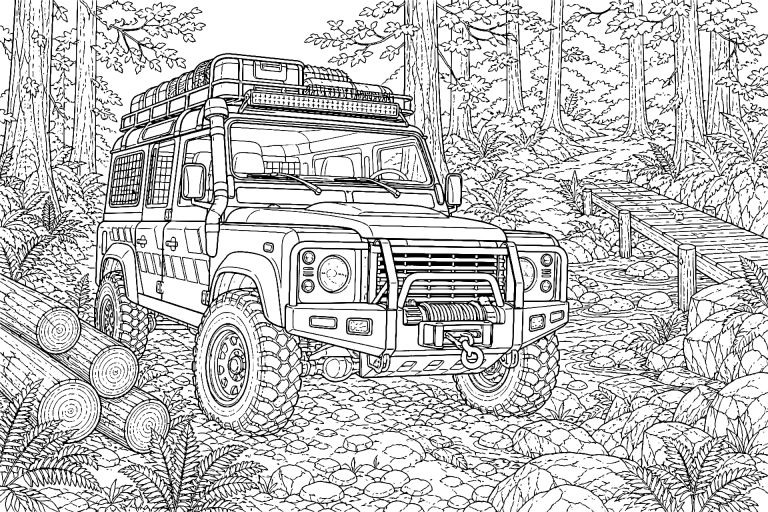 Polizei-Geländewagen im Waldrevier - Ausmalbild