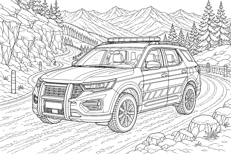 Polizei-SUV am Winterpass - Ausmalbild