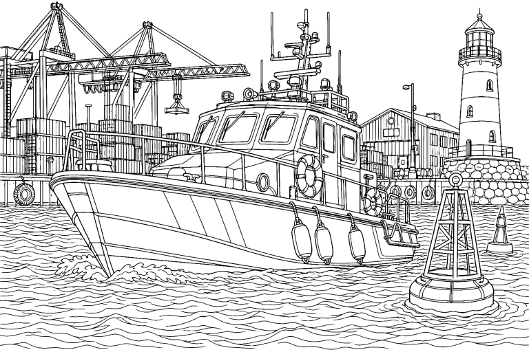 Polizeiboot im Industriehafen - Ausmalbild