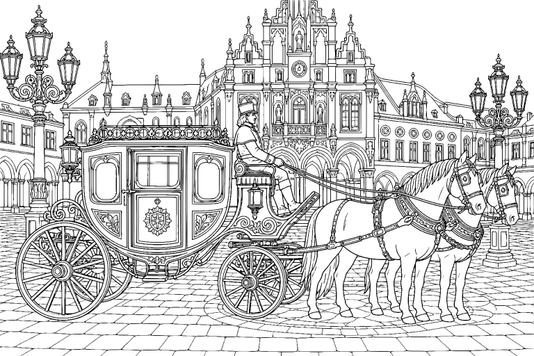 Polizeikutsche auf historischem Platz - Ausmalbild