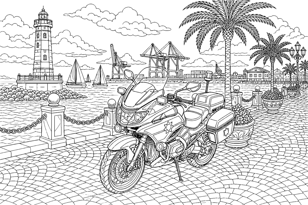 Polizeimotorrad am Küstenboulevard - Ausmalbild