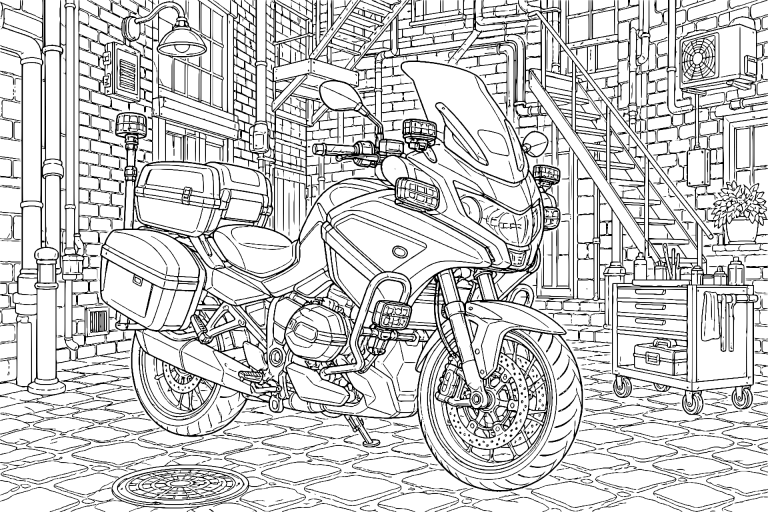 Polizeimotorrad im urbanen Hinterhof - Ausmalbild