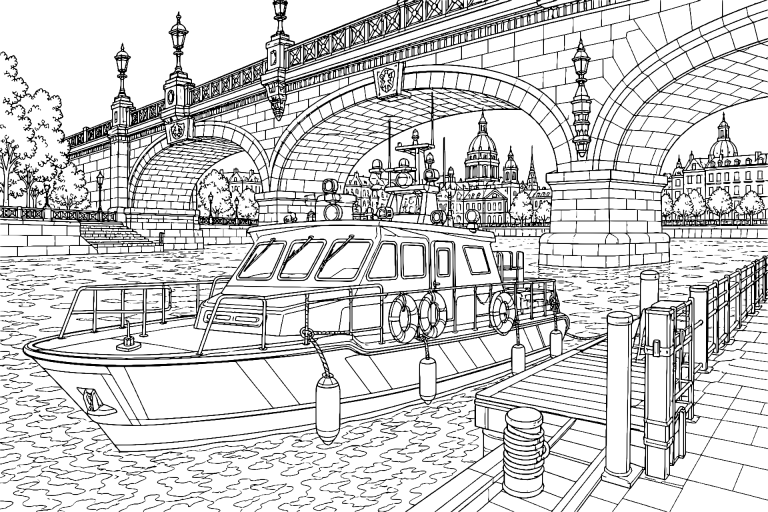 Polizeischiff an der Flussbrücke - Ausmalbild