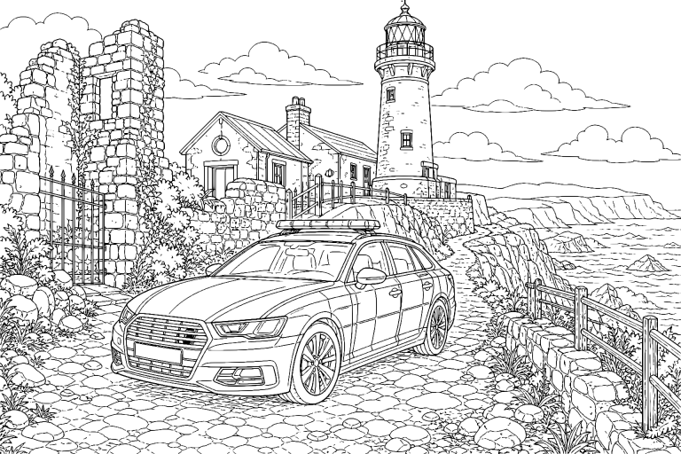 Polizeiwagen am verlassenen Leuchtturm - Ausmalbild