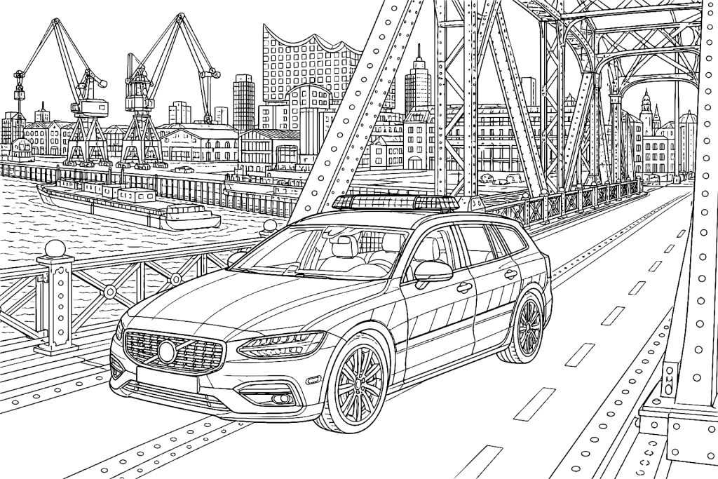 Polizeiwagen auf einer Hafenbrücke - Ausmalbild