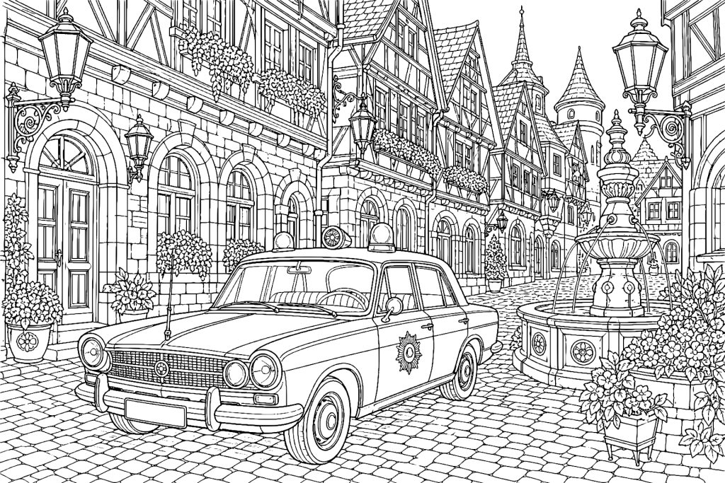 Polizeiwagen vor historischer Altstadt - Ausmalbild