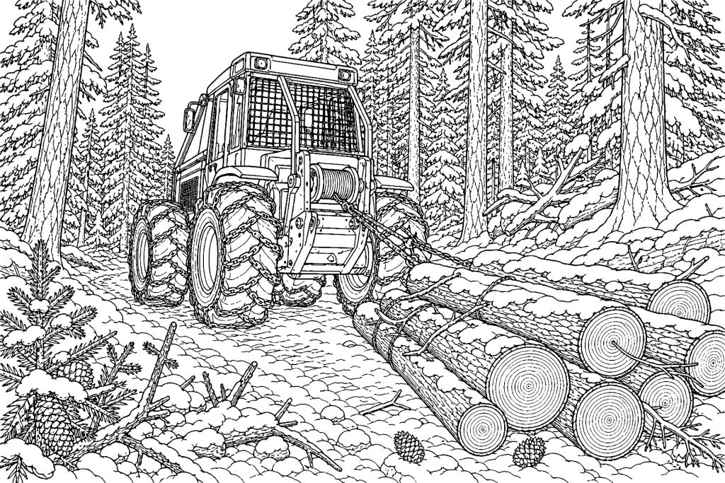 Forsttraktor im winterlichen Wald - Ausmalbild