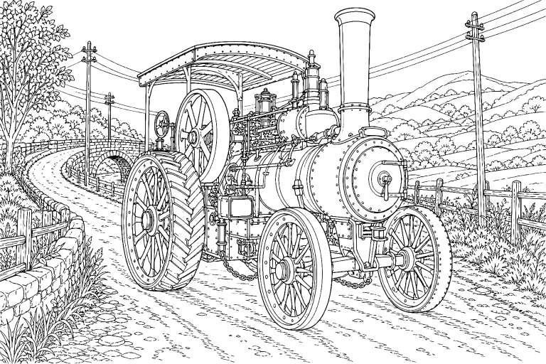 Historischer Dampftraktor auf der Landstraße - Ausmalbild