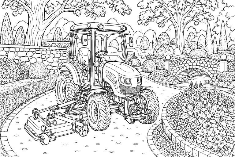 Kompakter Kommunaltraktor im Park - Ausmalbild