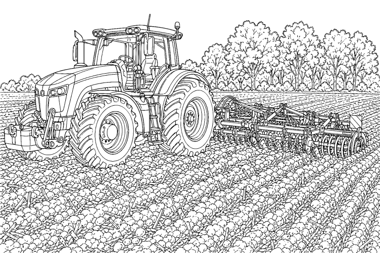 Moderner Ackerschlepper bei der Feldarbeit - Ausmalbild