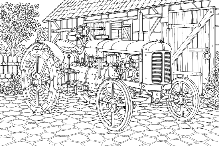 Oldtimer-Traktor im Fachwerkhof - Ausmalbild