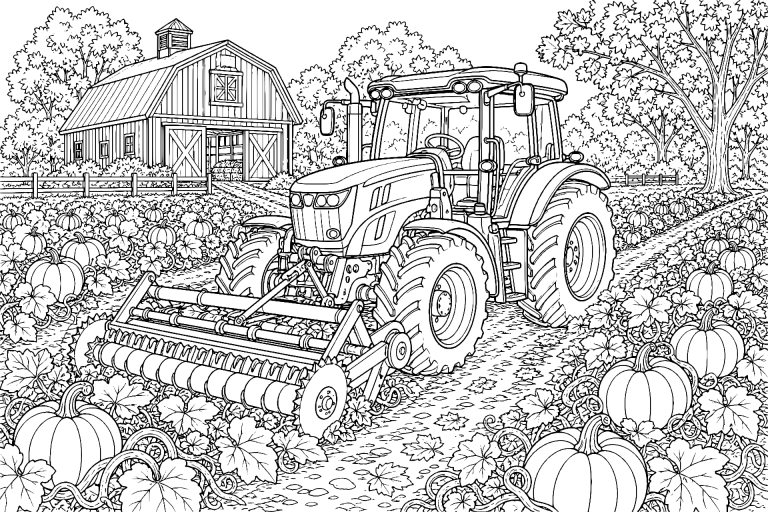 Traktor auf dem Kürbisfeld - Ausmalbild