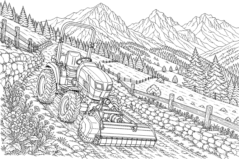 Traktor auf einer Bergalm - Ausmalbild