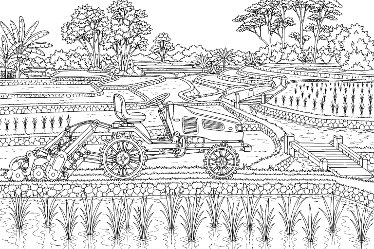 Traktor im Reisfeld mit Wassergräben - Ausmalbild
