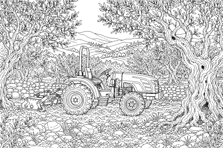 Traktor in der Olivenplantage - Ausmalbild