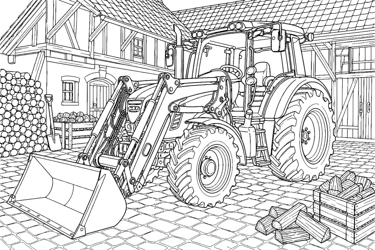 Traktor mit Frontlader am Bauernhaus - Ausmalbild