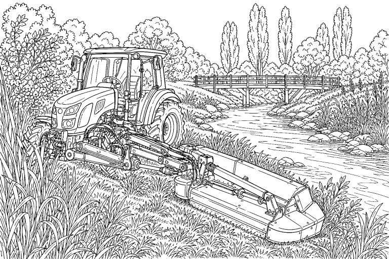 Traktor mit Mähbalken am Flussufer - Ausmalbild