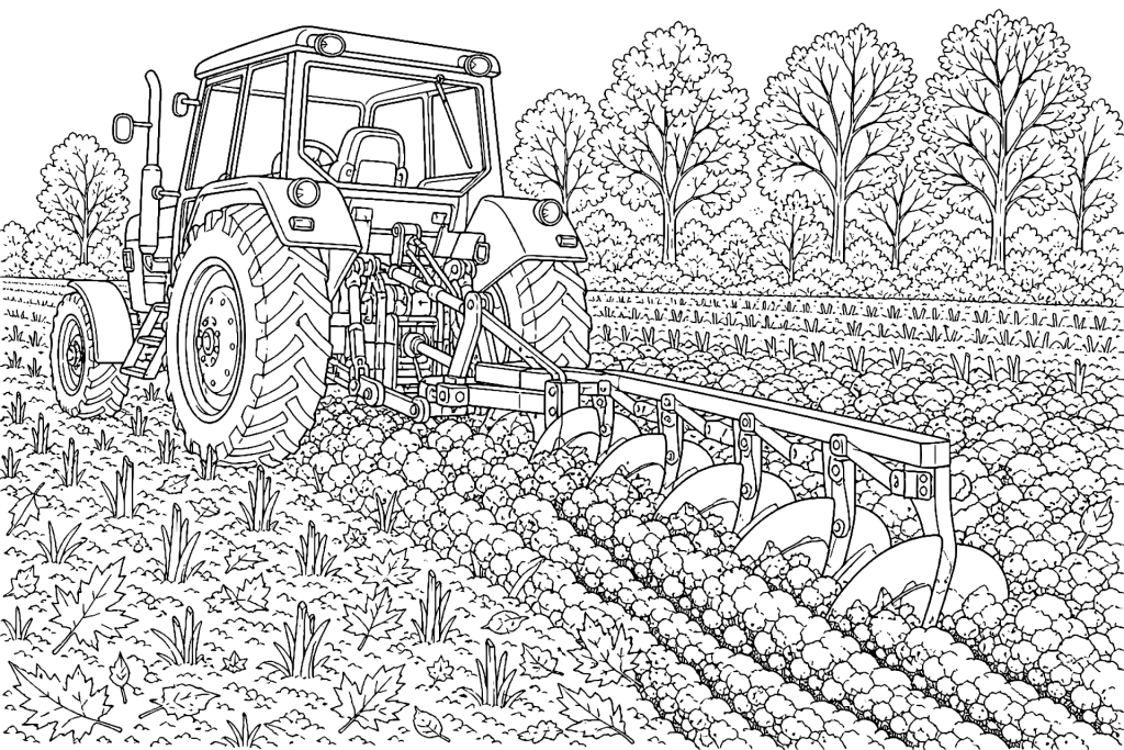 Traktor mit Pflug im Herbstacker - Ausmalbild