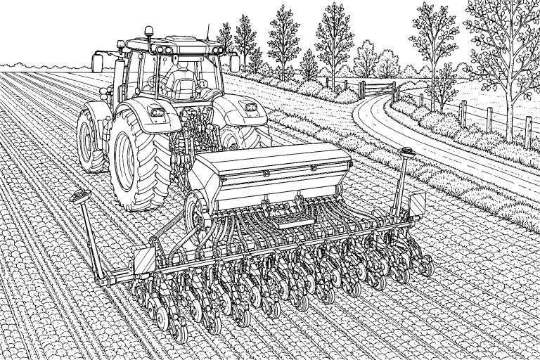 Traktor mit Sämaschine im Frühjahr - Ausmalbild