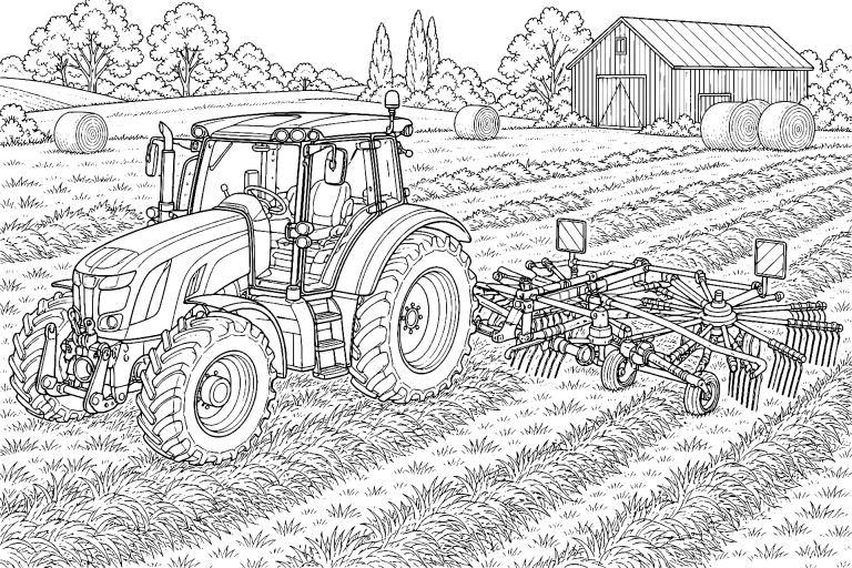 Traktor und Heuwender auf der Sommerwiese - Ausmalbild