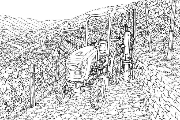 Traktor zwischen Weinbergterrassen - Ausmalbild