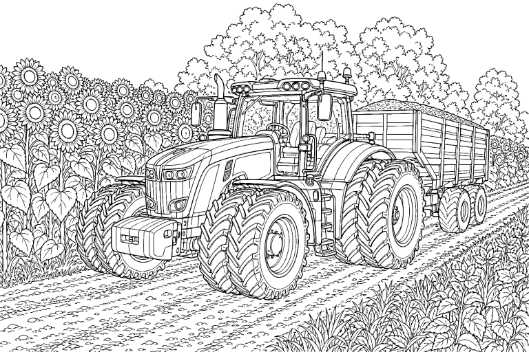 Zwillingsrad-Traktor im Sonnenblumenfeld - Ausmalbild