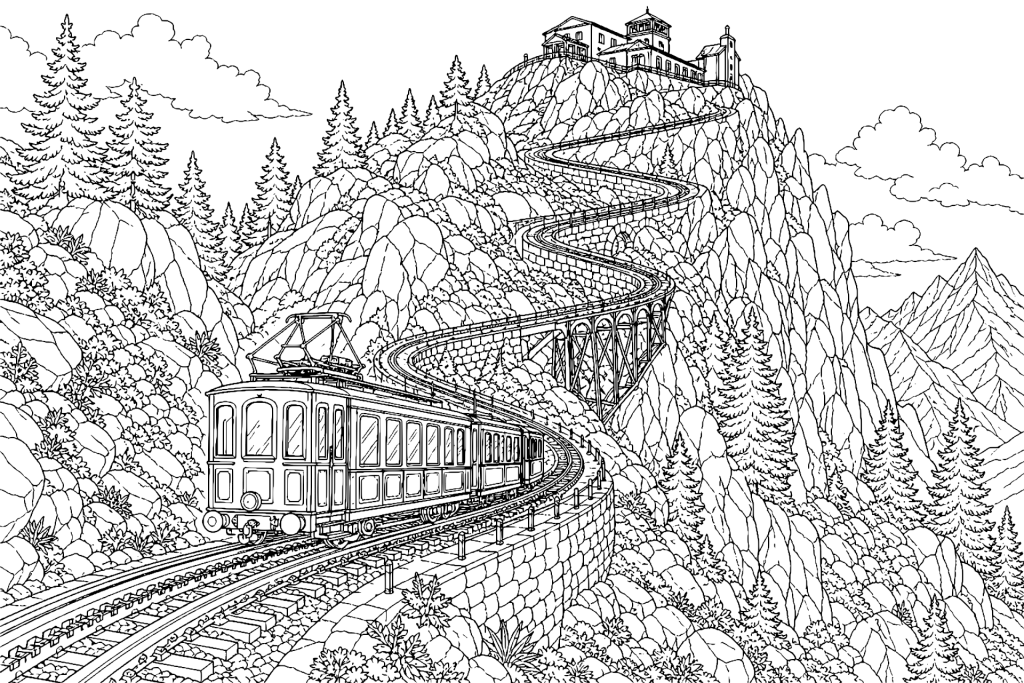 Bergbahn am Serpentinenhang - Ausmalbild